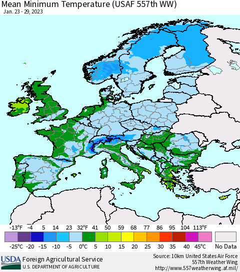 Europe Mean Minimum Temperature (USAF 557th WW) Thematic Map For 1/23/2023 - 1/29/2023