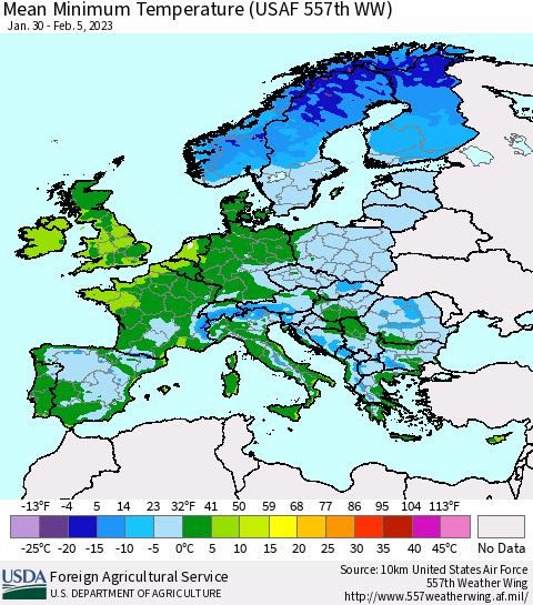 Europe Mean Minimum Temperature (USAF 557th WW) Thematic Map For 1/30/2023 - 2/5/2023