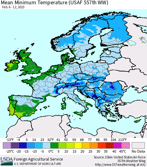 Europe Mean Minimum Temperature (USAF 557th WW) Thematic Map For 2/6/2023 - 2/12/2023