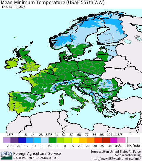 Europe Mean Minimum Temperature (USAF 557th WW) Thematic Map For 2/13/2023 - 2/19/2023