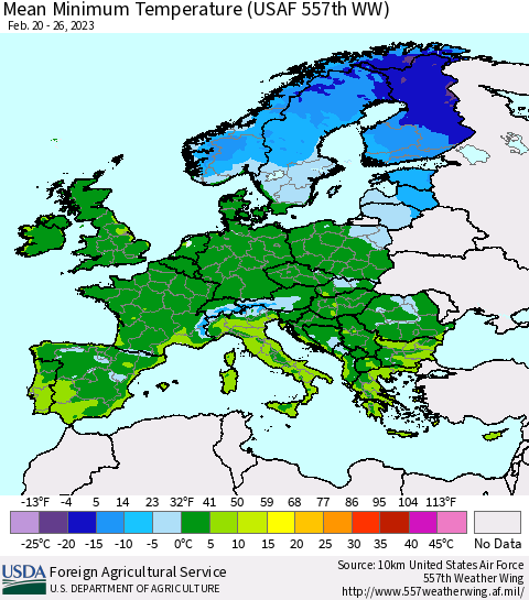 Europe Mean Minimum Temperature (USAF 557th WW) Thematic Map For 2/20/2023 - 2/26/2023