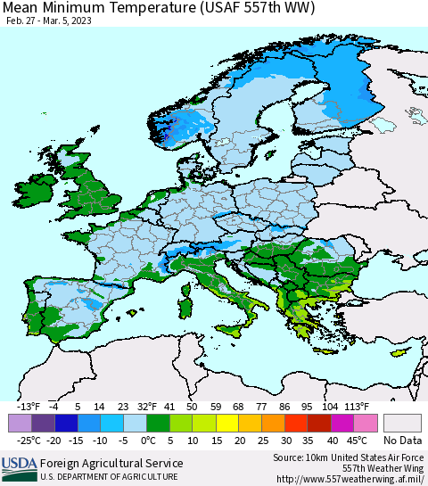 Europe Mean Minimum Temperature (USAF 557th WW) Thematic Map For 2/27/2023 - 3/5/2023