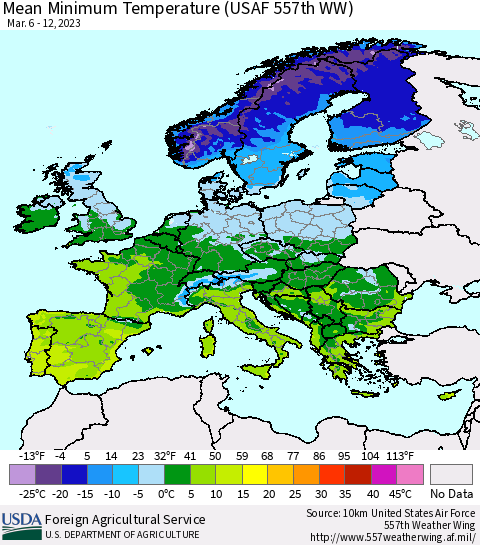 Europe Mean Minimum Temperature (USAF 557th WW) Thematic Map For 3/6/2023 - 3/12/2023