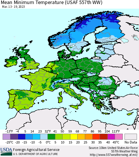 Europe Mean Minimum Temperature (USAF 557th WW) Thematic Map For 3/13/2023 - 3/19/2023