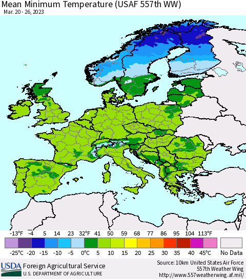 Europe Mean Minimum Temperature (USAF 557th WW) Thematic Map For 3/20/2023 - 3/26/2023