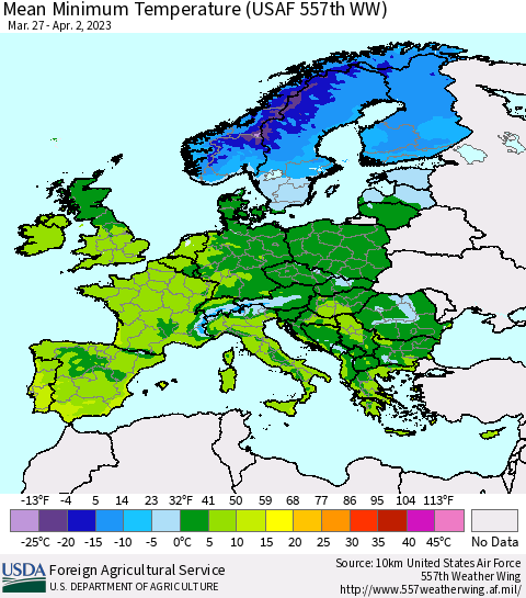 Europe Mean Minimum Temperature (USAF 557th WW) Thematic Map For 3/27/2023 - 4/2/2023