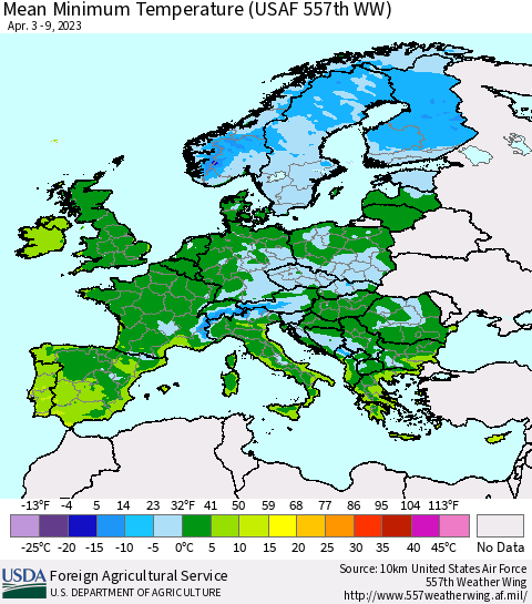 Europe Mean Minimum Temperature (USAF 557th WW) Thematic Map For 4/3/2023 - 4/9/2023