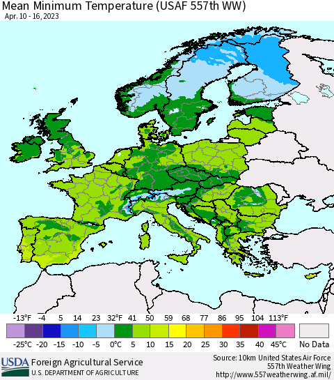 Europe Mean Minimum Temperature (USAF 557th WW) Thematic Map For 4/10/2023 - 4/16/2023