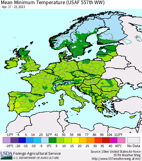 Europe Mean Minimum Temperature (USAF 557th WW) Thematic Map For 4/17/2023 - 4/23/2023