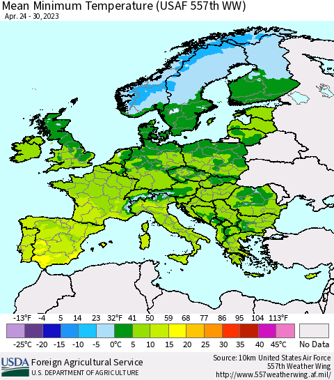 Europe Mean Minimum Temperature (USAF 557th WW) Thematic Map For 4/24/2023 - 4/30/2023
