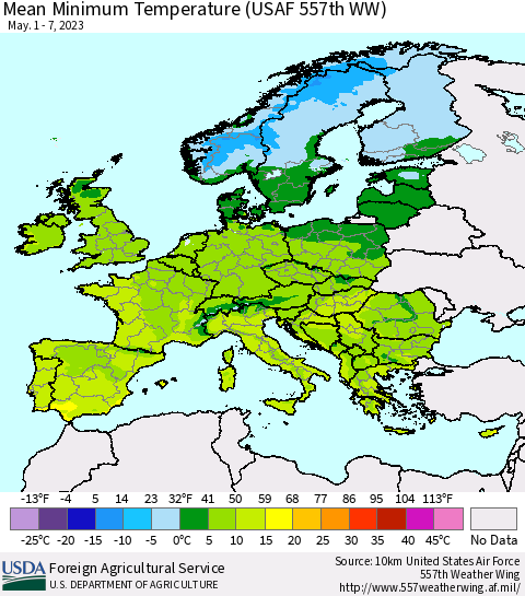 Europe Mean Minimum Temperature (USAF 557th WW) Thematic Map For 5/1/2023 - 5/7/2023