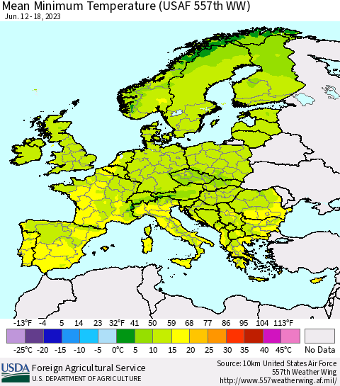 Europe Mean Minimum Temperature (USAF 557th WW) Thematic Map For 6/12/2023 - 6/18/2023