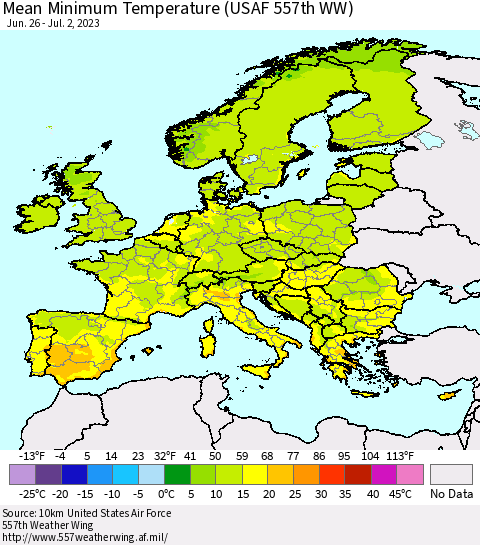 Europe Mean Minimum Temperature (USAF 557th WW) Thematic Map For 6/26/2023 - 7/2/2023