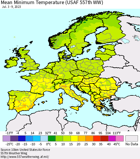 Europe Mean Minimum Temperature (USAF 557th WW) Thematic Map For 7/3/2023 - 7/9/2023