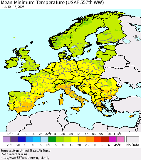 Europe Mean Minimum Temperature (USAF 557th WW) Thematic Map For 7/10/2023 - 7/16/2023