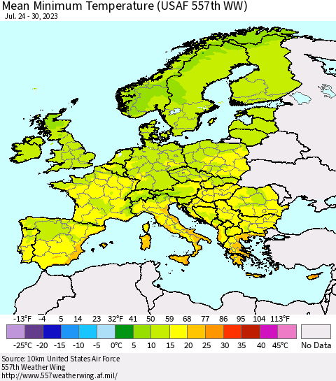Europe Mean Minimum Temperature (USAF 557th WW) Thematic Map For 7/24/2023 - 7/30/2023