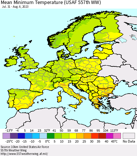 Europe Mean Minimum Temperature (USAF 557th WW) Thematic Map For 7/31/2023 - 8/6/2023