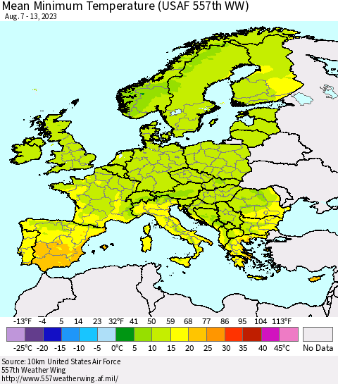 Europe Mean Minimum Temperature (USAF 557th WW) Thematic Map For 8/7/2023 - 8/13/2023