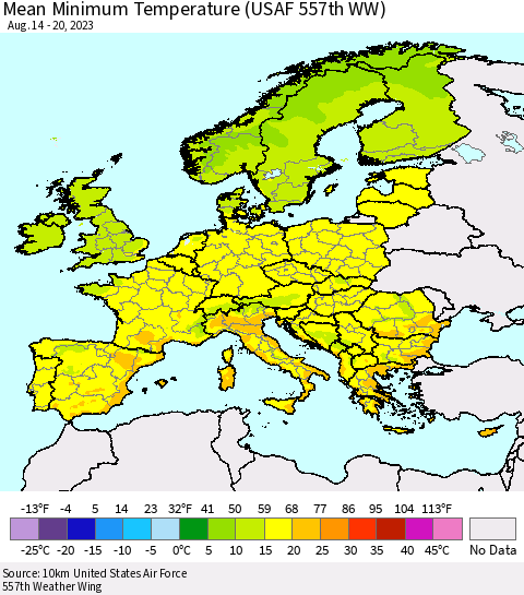 Europe Mean Minimum Temperature (USAF 557th WW) Thematic Map For 8/14/2023 - 8/20/2023