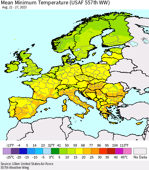 Europe Mean Minimum Temperature (USAF 557th WW) Thematic Map For 8/21/2023 - 8/27/2023