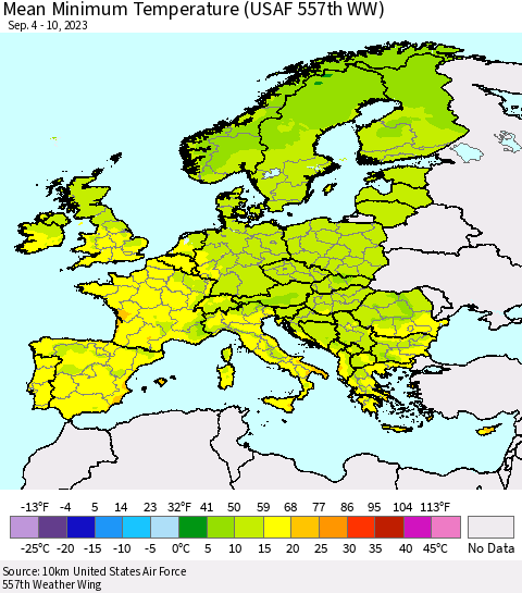 Europe Mean Minimum Temperature (USAF 557th WW) Thematic Map For 9/4/2023 - 9/10/2023