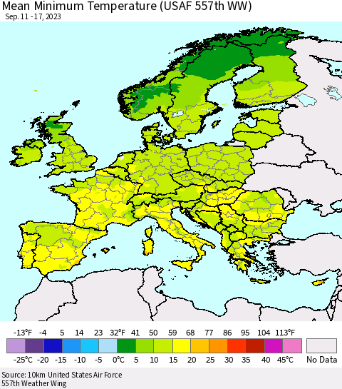Europe Mean Minimum Temperature (USAF 557th WW) Thematic Map For 9/11/2023 - 9/17/2023