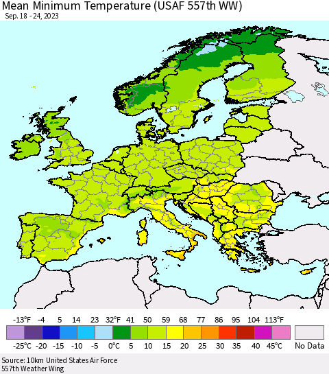 Europe Mean Minimum Temperature (USAF 557th WW) Thematic Map For 9/18/2023 - 9/24/2023