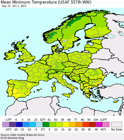 Europe Mean Minimum Temperature (USAF 557th WW) Thematic Map For 9/25/2023 - 10/1/2023