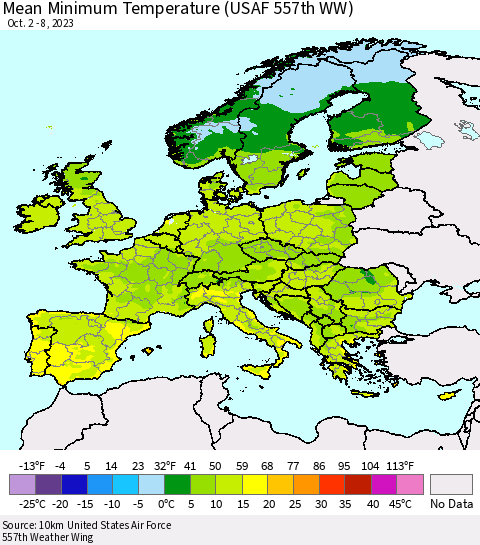 Europe Mean Minimum Temperature (USAF 557th WW) Thematic Map For 10/2/2023 - 10/8/2023