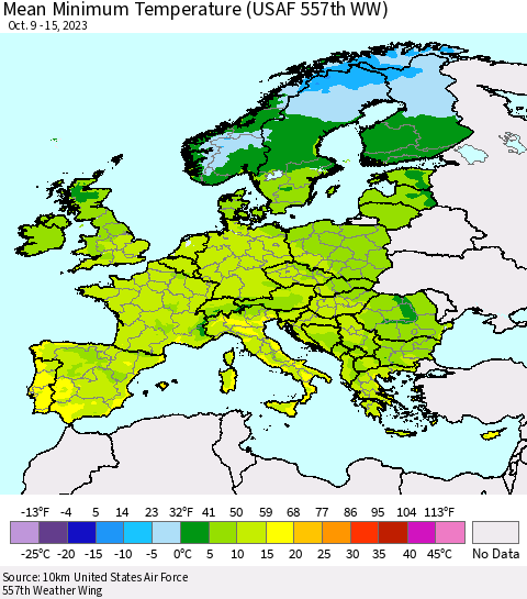 Europe Mean Minimum Temperature (USAF 557th WW) Thematic Map For 10/9/2023 - 10/15/2023