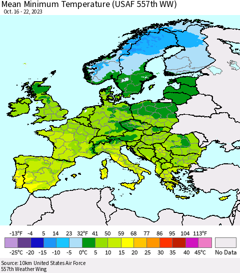 Europe Mean Minimum Temperature (USAF 557th WW) Thematic Map For 10/16/2023 - 10/22/2023