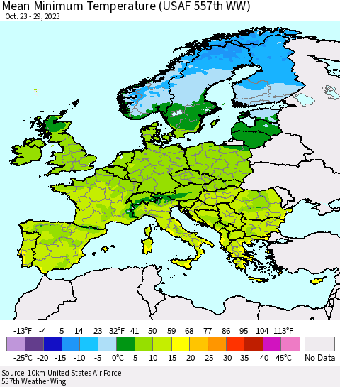 Europe Mean Minimum Temperature (USAF 557th WW) Thematic Map For 10/23/2023 - 10/29/2023