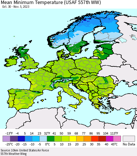 Europe Mean Minimum Temperature (USAF 557th WW) Thematic Map For 10/30/2023 - 11/5/2023