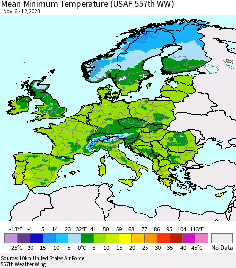 Europe Mean Minimum Temperature (USAF 557th WW) Thematic Map For 11/6/2023 - 11/12/2023