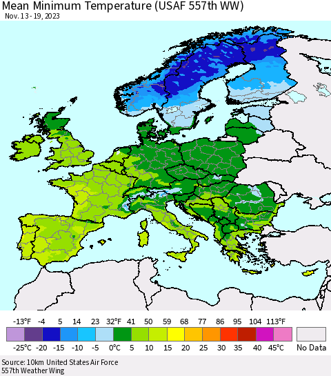 Europe Mean Minimum Temperature (USAF 557th WW) Thematic Map For 11/13/2023 - 11/19/2023