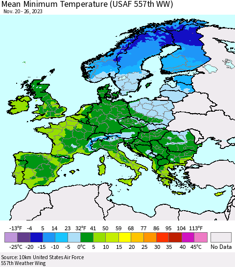 Europe Mean Minimum Temperature (USAF 557th WW) Thematic Map For 11/20/2023 - 11/26/2023