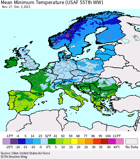 Europe Mean Minimum Temperature (USAF 557th WW) Thematic Map For 11/27/2023 - 12/3/2023