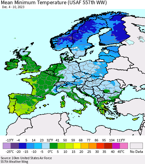 Europe Mean Minimum Temperature (USAF 557th WW) Thematic Map For 12/4/2023 - 12/10/2023