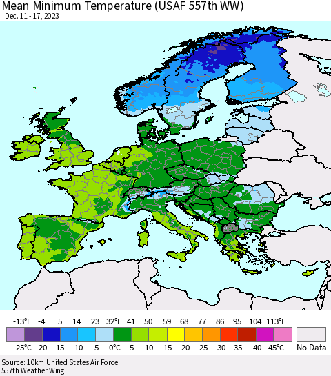 Europe Mean Minimum Temperature (USAF 557th WW) Thematic Map For 12/11/2023 - 12/17/2023