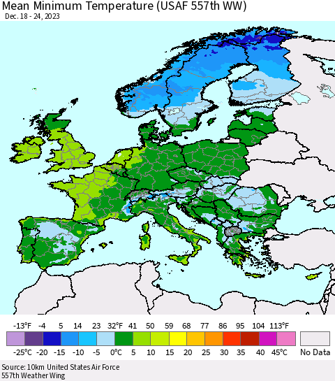 Europe Mean Minimum Temperature (USAF 557th WW) Thematic Map For 12/18/2023 - 12/24/2023