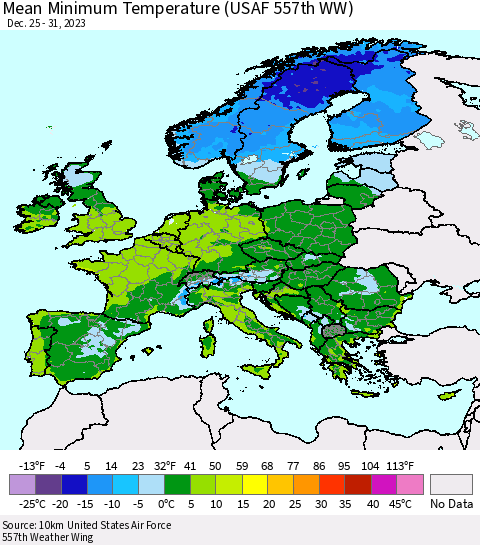 Europe Mean Minimum Temperature (USAF 557th WW) Thematic Map For 12/25/2023 - 12/31/2023