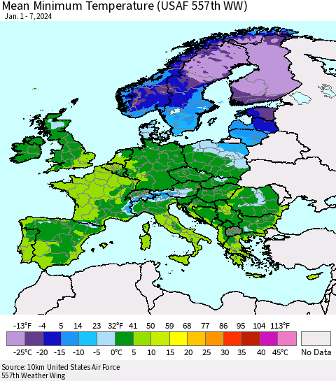 Europe Mean Minimum Temperature (USAF 557th WW) Thematic Map For 1/1/2024 - 1/7/2024