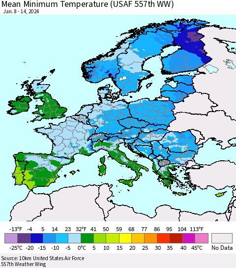 Europe Mean Minimum Temperature (USAF 557th WW) Thematic Map For 1/8/2024 - 1/14/2024