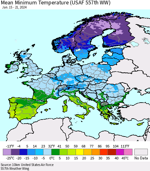Europe Mean Minimum Temperature (USAF 557th WW) Thematic Map For 1/15/2024 - 1/21/2024