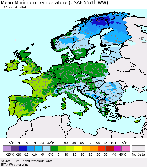 Europe Mean Minimum Temperature (USAF 557th WW) Thematic Map For 1/22/2024 - 1/28/2024