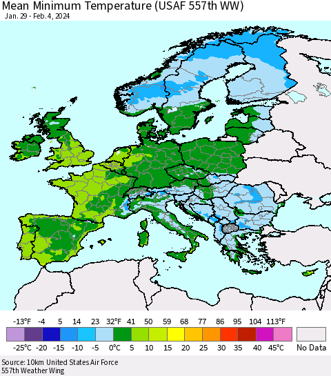 Europe Mean Minimum Temperature (USAF 557th WW) Thematic Map For 1/29/2024 - 2/4/2024