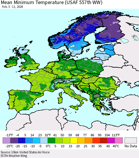 Europe Mean Minimum Temperature (USAF 557th WW) Thematic Map For 2/5/2024 - 2/11/2024