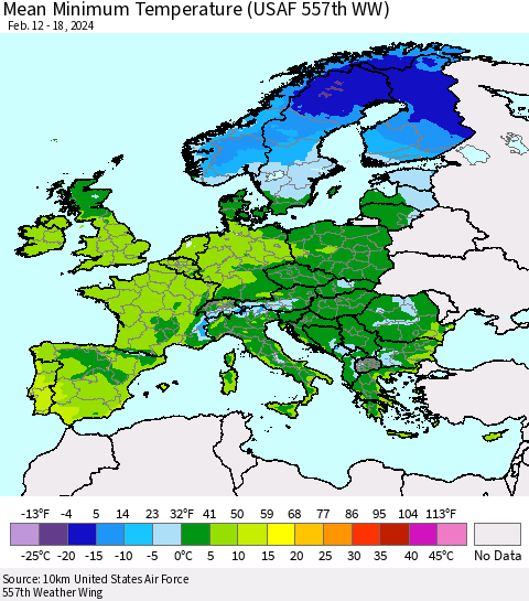 Europe Mean Minimum Temperature (USAF 557th WW) Thematic Map For 2/12/2024 - 2/18/2024