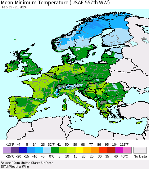 Europe Mean Minimum Temperature (USAF 557th WW) Thematic Map For 2/19/2024 - 2/25/2024