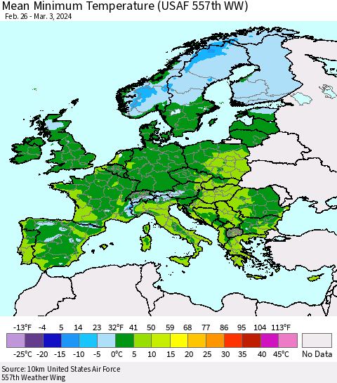 Europe Mean Minimum Temperature (USAF 557th WW) Thematic Map For 2/26/2024 - 3/3/2024